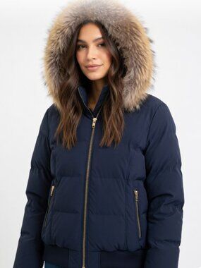 SOIA & KYO Raccoon Fur Trim Goose Down Jacket Winter Coat M-L